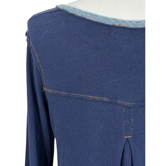 Free People Blue Slouchy Exposed Stitch Embellished Henley Top | Boho Grunge S - Picture 9 of 16